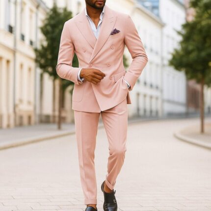 Custom Peach Double-Breasted Suit, Slim Fit Wedding Attire groom outfit