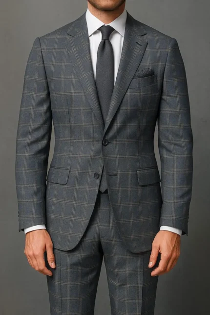 Custom Greyish Blue Plaid Suit: Slim Fit 2-Piece Wedding Tuxedo groom outfit