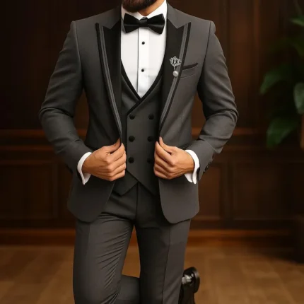Custom Made Grey Slim Fit Tuxedo: 3-Piece Modern Peak Lapel Suit groom outfit