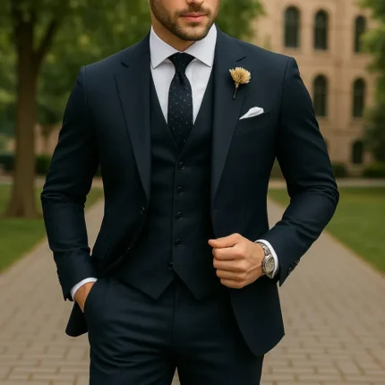 Custom Made Dark Blue 3-Piece Suit: Men's Slim Fit Wedding Attire groom outfit