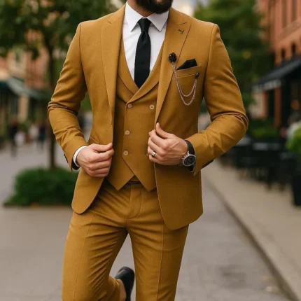 Custom Made Mustard Slim Fit 3-Piece Suit: Men's Wedding Attire groom outfit